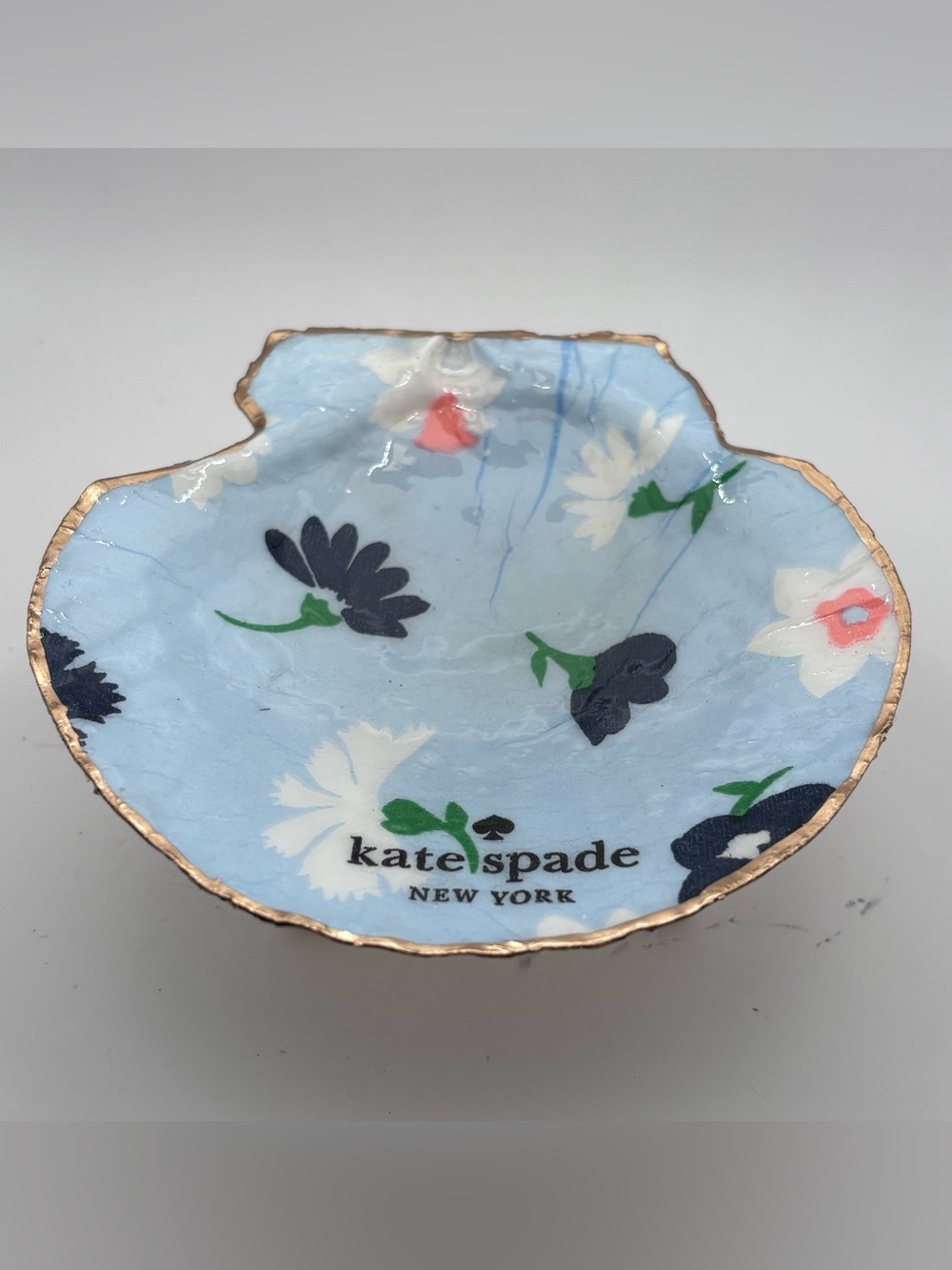 kate spade Blue Floral Shell Trinket Dish with Gold Rim - Picture 3 of 4
